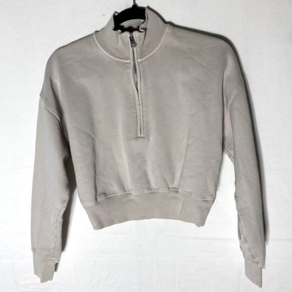 Aritiza Wilfred Free Beige Cotton Blend Cropped Half Zip Mock Neck Sweatshirt XS - Picture 15 of 15